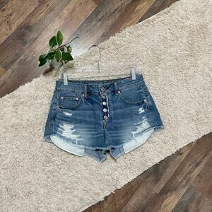 American Eagle 4 Medium Wash Distressed High-Rise Button Fly Festival Shorts